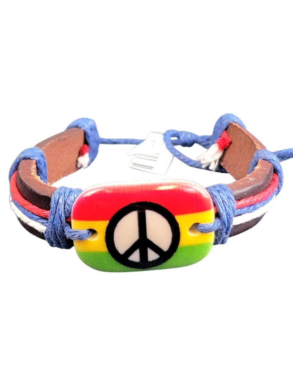Colorful Peace Sign Leather Bracelet Adjustable Brown Red White Unisex Jewelry
